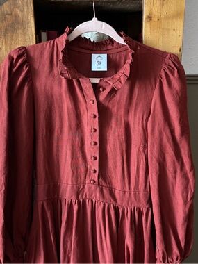 Son de Flor Rust Red Linen Ruffle-Neck Long Sleeve Dress